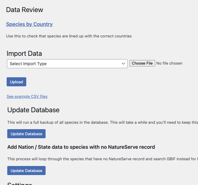 Alpine Plant administration screen showing data management options